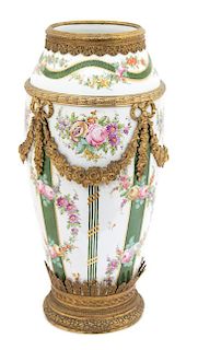 A Sevres Style Polychrome and Gilt Decorated Gilt Bronze Mounted Vase Height 21 1/2 inches.