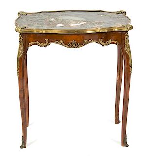 A Louis XV Style Gilt Bronze Mounted Side Table Height 25 1/4 x width 22 1/2 x depth 15 3/4 inches.
