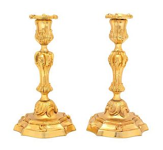 A Pair of Louis XV Style Gilt Bronze Candlesticks Height 10 1/2 inches.