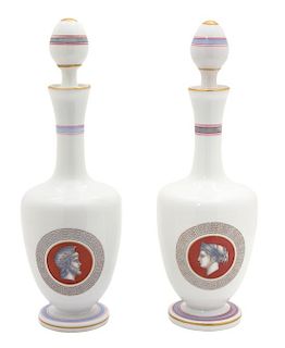 A Pair of French Painted White Opaline Glass Decanters Height 11 1/2 inches.