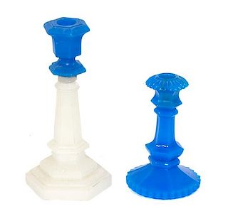 Two Molded Glass Candlesticks Height of largest 9 3/4 inches.
