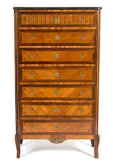 A Louis XV/XVI Transitional Style Inlaid Semanier Height 60 3/4 x width 34 1/4 x depth 15 1/4 inches.