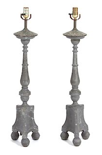 A Pair of Louis XVI Style Pewter Torcheres Height 30 inches.
