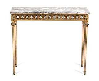 A Louis XVI Style Carved and Painted Marble Top Console Table Height 31 x width 36 1/4 x depth 13 7/8 inches.