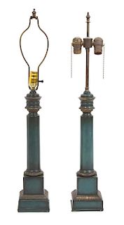 A Pair of Green Painted Columnar Lamps with Brass Trim Height 30 inches to finial.