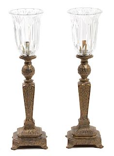 A Pair of Gilt Metal Torchere Lamps with Cut Glass Shades Height 24 inches.