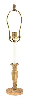 A French Empire Style Gilt Bronze Candlestick-Form Lamp Height overall 20 1/2 inches.