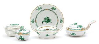 Five Pieces of Herend Green Chinese Bouquet Porcelain Largest width 8 inches.