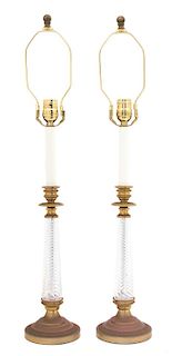 A Pair of Gilt Bronze and Spirally Fluted Glass Candlesticks Height overall 28 inches.