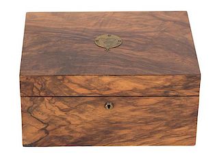 A Burl Walnut Sewing Box Height 5 3/4 x width 11 7/8 x depth inches.