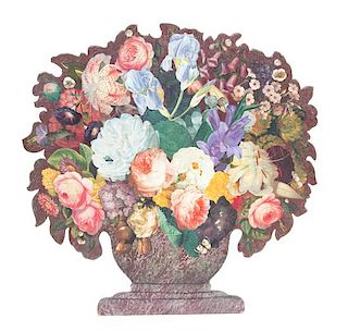 A Decoupage Flower Filled Basket-Form Wood Fire Screen Height 24 x width 24 inches.