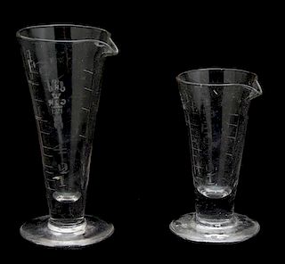 Two Etched Glass Measuring Beakers Height of tallest 5 inches.