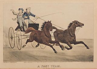 Three Hand-Colored Prints Depicting Carriage Racing Image 11 x 15 1/2 inches.