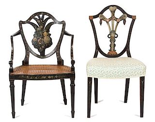 A Pair of Hepplewhite Style Painted Shield-Back Side Chairs Height of pair 37 inches.