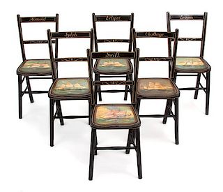 A Set of Vintage Painted Nautical Side Chairs Height 34 inches.