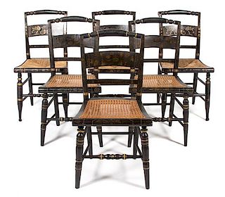 Six American Black and Gilt Stenciled Hitchcock Side Chairs Height 34 1/2 inches.