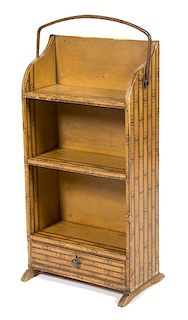 A Faux Bamboo Painted Pine Bookshelf with Iron Swing Handle Height 30 1/2 x width 15 1/2 x depth 10 inches.