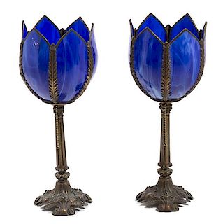 A Pair of Bronzed Metal and Blue Slag Glass Tulip Lamps Height 17 3/4 inches.
