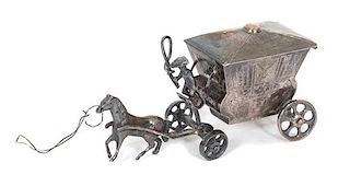 An English Silver Miniature Horse Drawn Carriage, London, 1903, Faudel Phillips & Sons, the top of the carriage is hinged