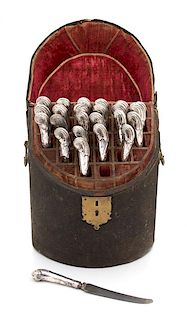 A Georgian Silver Knife Set in a Fitted Brass Mounted Case, , comprising twelve dinner knifes and twelve luncheon knives, having