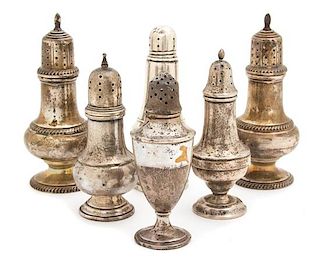 A Group of Six American Sterling Standing Salt and Peppers, Various Makers, comprising one pair and four single, one of which is