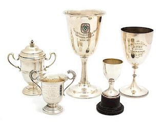 A Collection of Five Silver Trophy Cups, English and American, Various Makers, one mounted on plastic stand