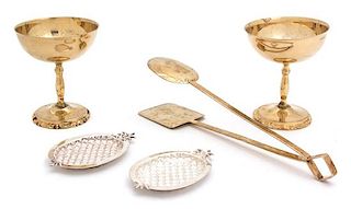 Five Mexican Silver Items, 20th Century, comprising a pair of gilt wash champagnes, a pair of gilt wash tongs and a pair of pine