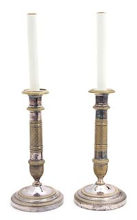 A Pair of Empire Style Silver Plate Candlesticks Height 10 inches.