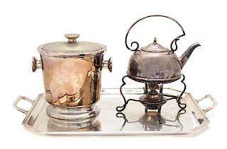 Three English Silver Plate Articles, , comprising a kettle on burner stand, an ice bucket and a two-handle tray.