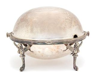 An English Silver Plate Egyptian Revival Style Bun Warmer Height 8 3/4 x length 12 1/2 inches.