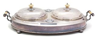 An English Silver Plate Double Covered Entree Server Height 5 1/2 x length 21 1/2 x depth 13 inches.