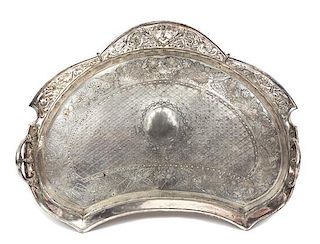 An English Silver Plate Shaped Butler's Tray, 19TH CENTURY, having etched and chased floral decoration with two handles.