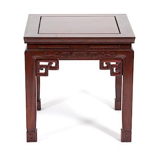 A Chinese Carved Wood Side Table Height 18 x width 18 x depth 18 inches.