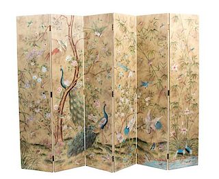 A Chinese Six-Panel Polychromed Floor Screen Each panel 84 x 20 inches.