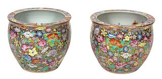 A Pair of Chinese Export Gold Medallion Style Fish Bowls Height 12 1/2 x diameter 13 3/4 inches.