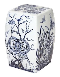 A Chinese Style Blue and White Porcelain Garden Seat Height 20 x diameter 13 square inches.