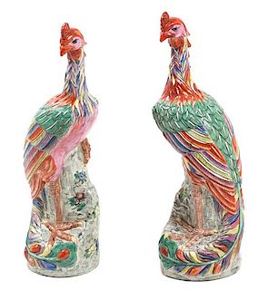 A Pair of Chinese Painted Porcelain Models of Phoenix Birds Height 18 1/2 inches.