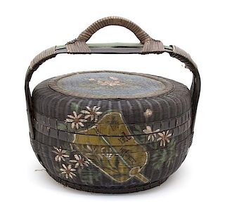 A Chinese Painted Covered Basket Height 17 1/2 inches.
