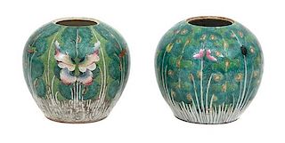 A Pair of Chinese Export Famille Rose Ovoid-Form Jars Height 8 inches.