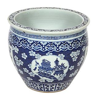 A Japanese Blue and White Hawthorne Pattern Porcelain Jardiniere Height 13 3/4 x diameter 16 inches.