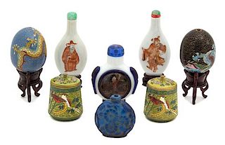A Group of Chinese Enameled Eggs and Snuff Bottles Height of largest 3 1/4 inches.
