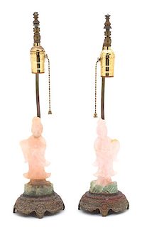 A Pair of Carved Rose and Green Quartz Lamps Height overall 18 inches, figures 7 1/2 inches.