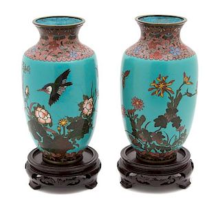 A Pair of Asian Cloisonne Vases Height 8 inches.