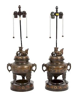 A Pair of Asian Bronze Censers with Foo Dog Finials Overall height 32 inches.