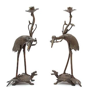 A Pair of Asian Bronze Crane-Form Candelabra Height 13 inches.