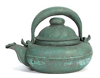 A Monumental Patinated Metal Chinese Style Teapot Height 18 1/2 inches.
