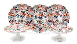 Five Pieces of Japanese Arita Imari Fan Porcelain Diameter of larger 12 inches.