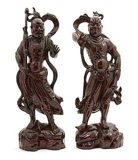Two Japanese Carved Wood Figures of Warriors Height 24 inches.