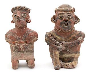 Two Nayarit Style Slip Painted Ceramic Figures Height of taller 15 1/8 inches.