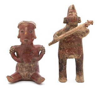 Two Nayarit Style Slip Painted Ceramic Figures Height of taller 15 3/4 inches.